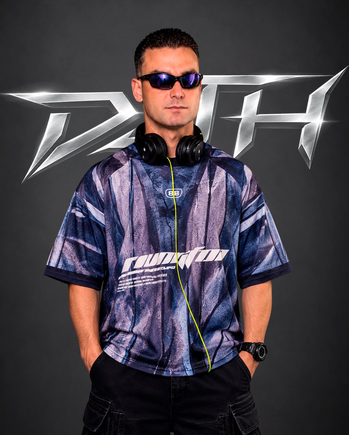 DJ TH com o logo cromado ao fundo