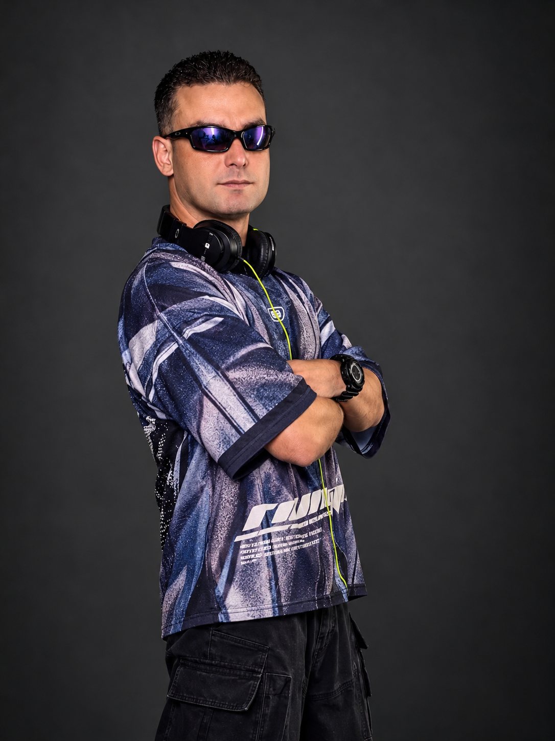 DJ TH de camiseta oversized, com fones no pescoço